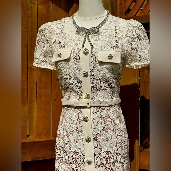 🆕 SELF-PORTRAIT 🧿 BNWOT Cream Lace Diamante Bow Midi Dress, Sz US 2 / UK 6 - Picture 10 of 16